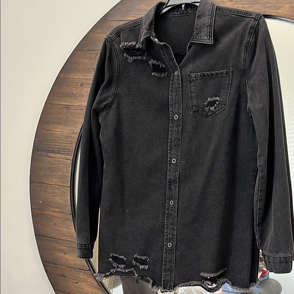 Distressed Black Denim Shacket